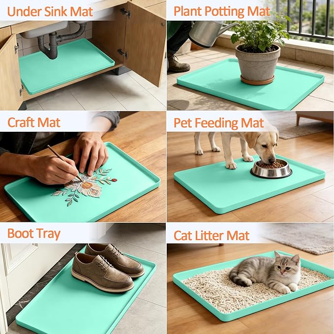 Silicone Coffee Maker Mat with Lip for Countertops 15.7''x11.8'' Mint Green | Multi leak-proof coffee tray for countertop, non-slip silicone mat fits most coffee makers & espresso machines, wipe-clean