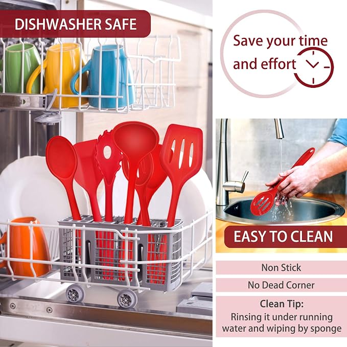 P&P CHEF Red Kitchen Utensils, Silicone Cooking Utensil Set of 7 | Soft Spatula for Nonstick Cookware, Slotted Turner, Soup Ladle, Pasta Server, Spoon for Cooking, Dishwasher Safe & Heat Proof