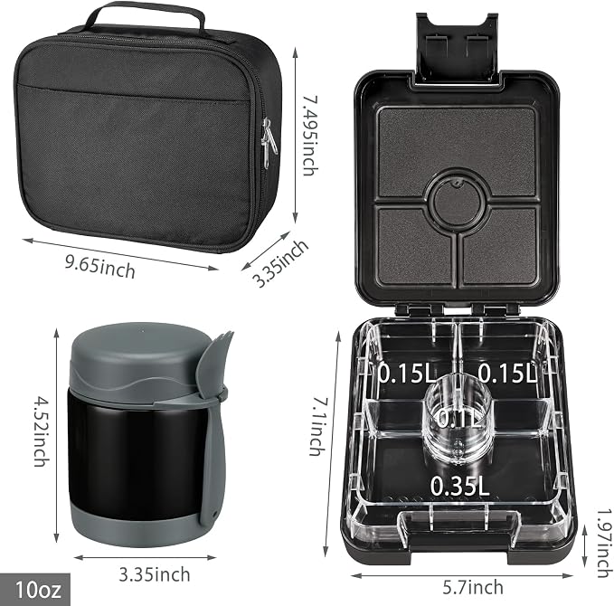 Bento Lunch Box Set for Kids with 10oz Soup Thermo, Leak-Proof Lunch Containers with 4 Compartment, Kids Thermo Hot Food Jar and Insulated Lunch Bag for Kid to School,BPA-Free(Black)
