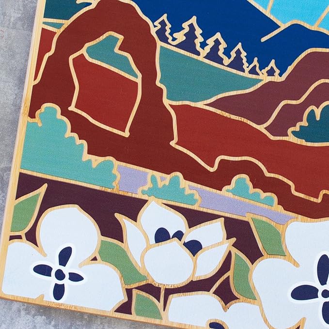 Totally Bamboo Utah State Shaped Cutting Board, Summer Stokes Art | State charcuterie board with colorful hand-drawn landscape art. Smooth reverse side for food prep. Hang tie for wall display.