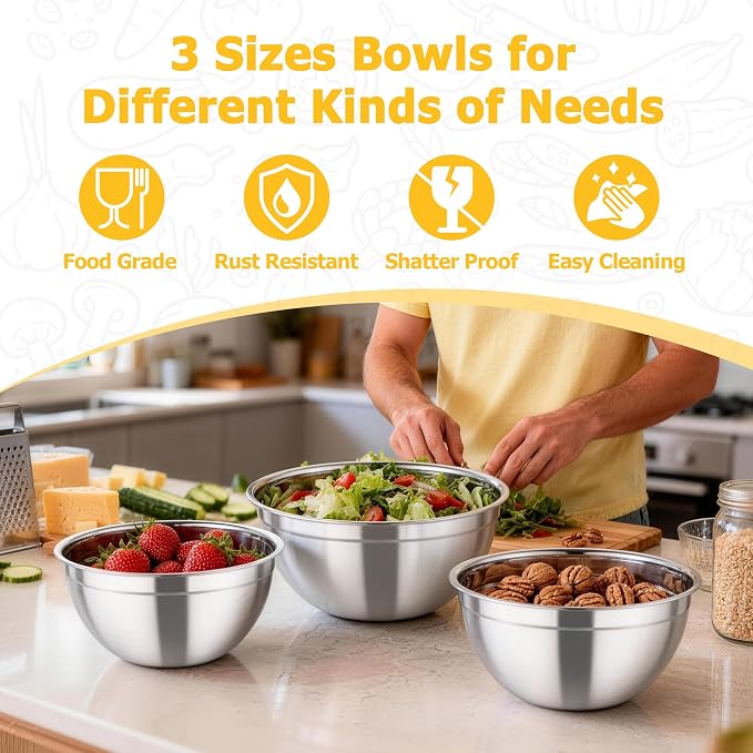 TeamFar Mixing Bowls, 4.5/3/1.5 QT Stainless Steel Nesting Salad Bowls | with Airtight Lids, For Serving/Mixing/Storing/Prepping, Non-Toxic & Sturdy, Visible & Easy Clean, Multi-Color, Set of 3