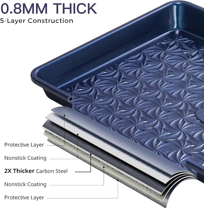 Nonstick Baking Sheet Pan Set of 3, Cookie Sheets for Oven, Non-Toxic, Blue | Half, Quarter & Jelly Roll Pans, Floral Swirl Texture, Heavy-Duty 0.8mm Carbon Steel, Even Heat Distribution