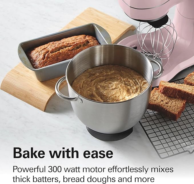 Hamilton Beach 4 Qt Electric Stand Mixer With 7 Speeds, Easy-Carry Handle | Planetary Mixing For Full Bowl Coverage | Splash Guard | 300 Watts | Whisk, Flat Beater, Dough Hook | Mixing Guide | Pink