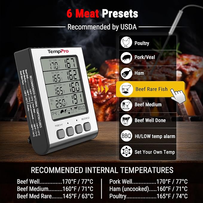 TempPro TempTrack Digital Meat Thermometer with 4 Temperature Probes | HI/Low Alarm Smoker Food Thermometer with Colored Backlit LCD, BBQ Thermometer for Cooking Grill Kitchen Oven
