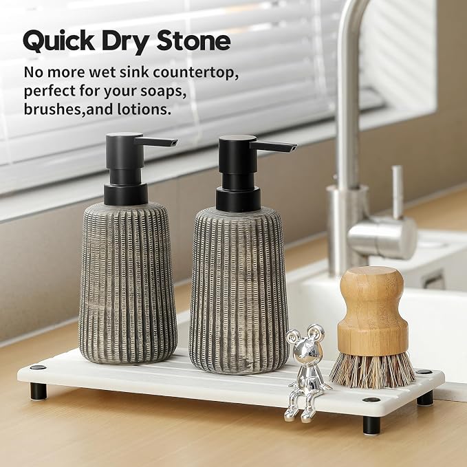 Instant Dry Sink Caddy Kitchen Sink Organizer, Quick Drying Stone Tray Diatomite Sponge Holder Soap Dish, Bathroom Countertop Fast Dry Water Absorbing Vanity Rack, White, 12" x 5"