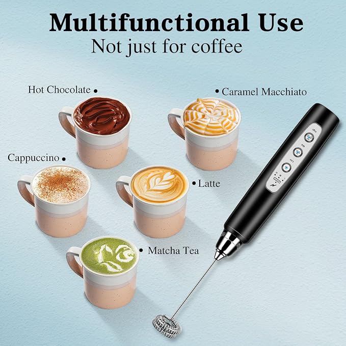 Milk Frother Wand Rechargeable Handheld Whisk Coffee 3 Speed Adjustable | Electric Whisk Drink Mixer with Stainless 3 Whisks Hand Frother , Foam Maker for Latte Cappuccino Matcha Egg Silver