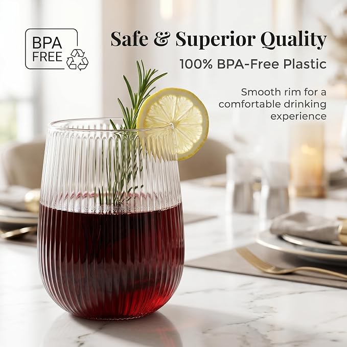 Lueumxc 48 Pack Plastic Wine Glasses Disposable Ribbed Champagne Flutes, 24 Pcs 9 OZ Stemless Champagne Flutes & 24 Pcs 15 OZ Disposable Wine Glasses, BPA-Free