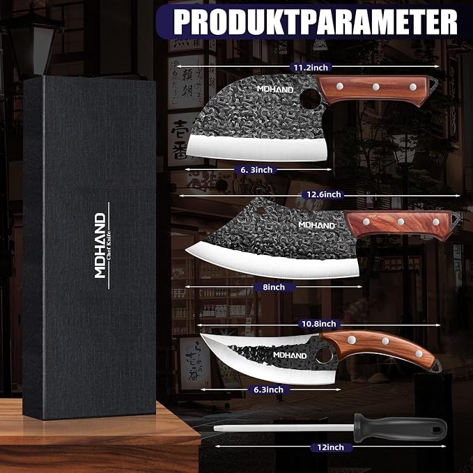 Butcher Knife Set, Hand Forged Serbian Chef Knife Set Gift for Men | High Carbon Steel 8PCS Kitchen Knife Set with Sharpener, Ergonomic Handle, Meat Cleaver Knife for Kitchen Outdoor Cooking BBQ