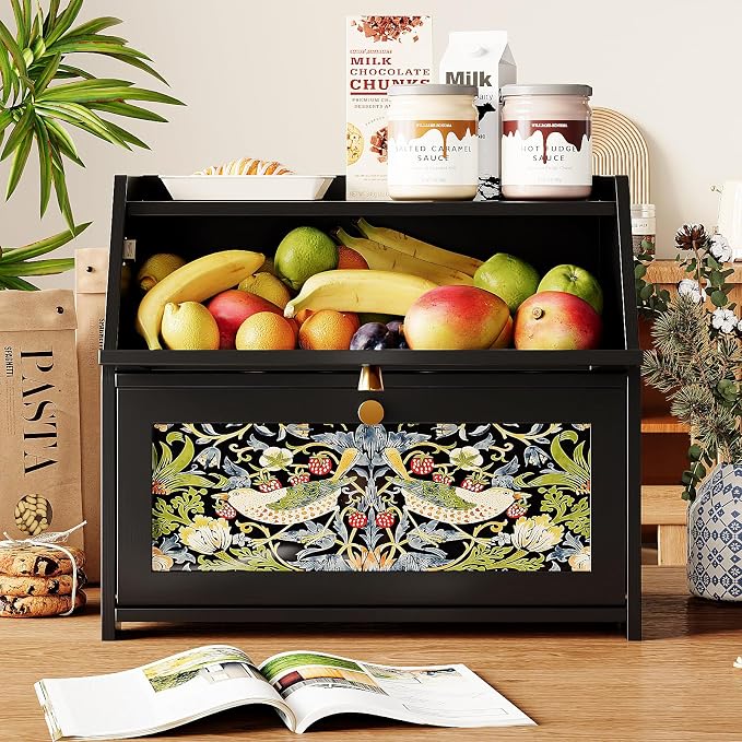 Trironsun Bamboo Bread Box for Kitchen Counter Black Bread Storage Container with Acrylic Door William Morris Flower Bird Design Farmhouse Breadbox Organizer (Black, 2 Layer)