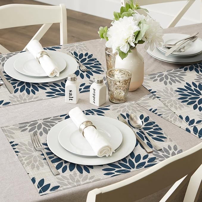 Dahlia Aqua Floral Pinnata Flower Placemats Set of 4, 12x18 Inch Washable Easy to Clean Heat-Resistant Anti-Skid Grey Placemats for Holiday Party Kitchen