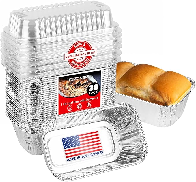Stock Your Home Disposable Aluminum Mini Loaf Pans with Lids, 1 lb (30 Pack) New & Improved Plastic Dome Lid Foil Baking Tins, Tin Pans for Cake, Bread, Holiday Baked Goods Packaging