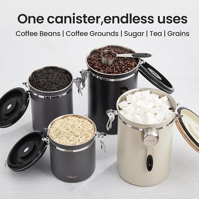 Veken Coffee Canister,39OZ, 2.2lbs,Large Airtight Stainless Steel Container | Kitchen Food Storage Jars for Beans,Ground, Espresso, Rice,Tea, Sugar, Cereal, Cookie,Gifts, Lids, Scoop, Silver