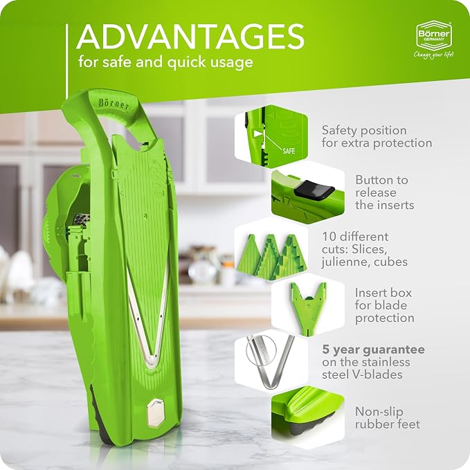 Börner Mandoline Slicer V5 (Starter Set) • Vegetable V-Slicer for Slices, Sticks & Dices in Various Sizes • With Stainless Steel V-Blade • Adjustable Kitchen Slicer • Color: Green