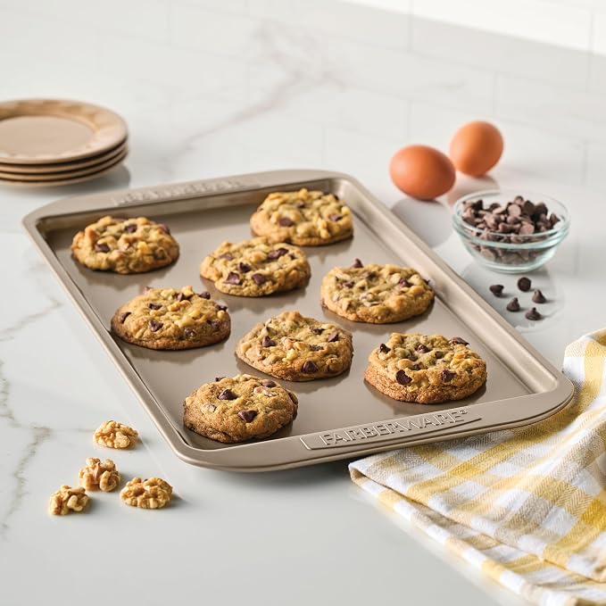 Farberware Nonstick Bakeware 10 x 15" Cookie Pan, Metal Baking Pan, Mocha | Premium Nonstick 10x15 Baking Sheet & Sheet Pan For Cookies, Roasting, Easy Cleanup, Oven Safe to 450F
