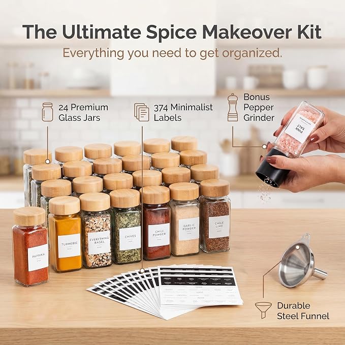 SAVVY & SORTED Glass Spice Jars with Label, 24PK Bamboo Jar Spices Set 4oz, 374 Spice Labels, Pepper Grinder, Empty Herb Seasoning Containers, Funnel and Shaker Lids