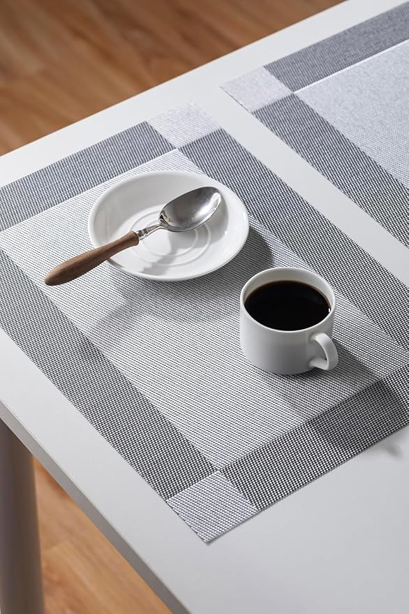 LEXMORE PlaceMats Set of 12 Vinyl/Plastic Woven Place Mats for Kitchen Table Indoor/Outdoor Washable PlaceMat Wipeable Dining Table Mats(Silver Cube)
