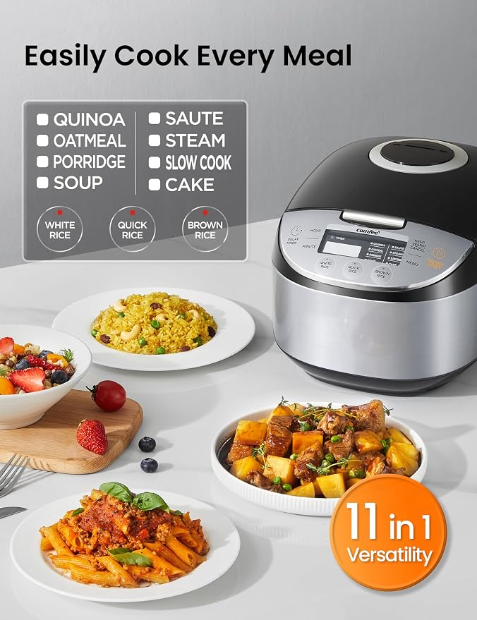 COMFEE' Rice Cooker with Fuzzy Logic, 11-Preset Modes, 6-Cups Uncooked Rice | 12 cups cooked, japanese rice cooker style, portable non-stick rice maker, steamer, fast, grain cooker, 24-hour delay timer