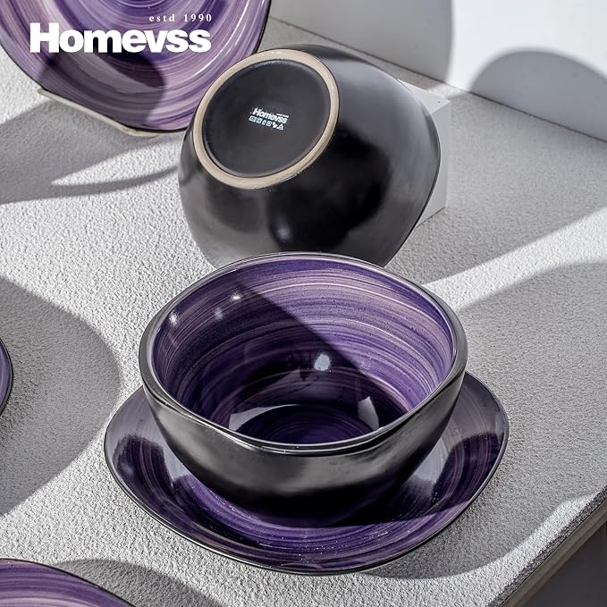 HomeVss 16-Piece Square Dinnerware Set - Serves 4, Inside Spinwash Swirl Purple + Outside Black Plates & Bowls Set | Microwave & Dishwasher Safe