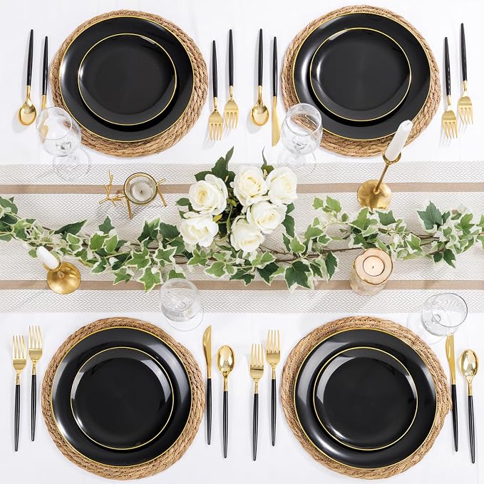 DaYammi 150Pcs Black Plastic Plates with Gold Silverware,Black Disposable Plates Set Included 30 Dinner Plate,30 Dessert plate,30 Knives,30 Forks,30 Spoons,black and gold plates for Party Wedding