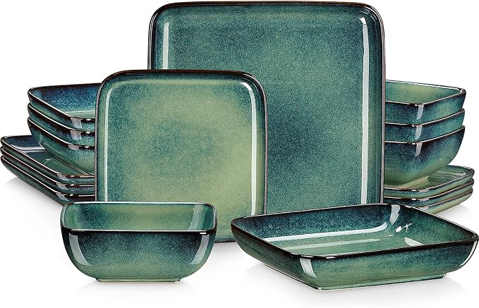 vancasso Stern Dinnerware Sets for 4, 16 Piece Stoneware Plates and Bowls Set, Square Reactive Glaze Ceramic Dish Set with Dinner Plates, Salad Plates, Cereal Bowls and Pasta Bowls, Green