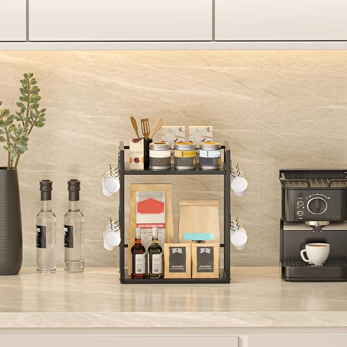 Dorhors Coffee Bar Organizer,Mug Holder,Station Organizer Kitchen Counter | 2 Tier Black Wood Coffee Bar Accessories with 12 Hooks,Countertop Shelf for Mug,Syrup and Accessories