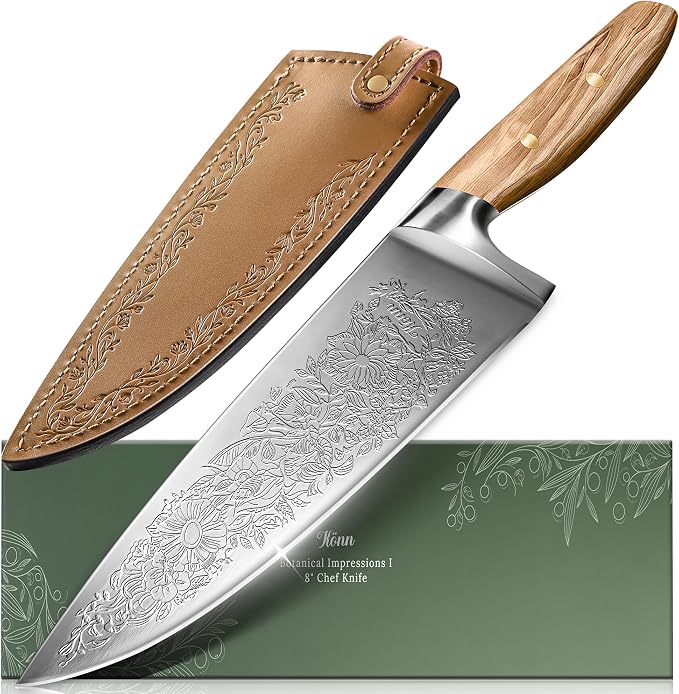 Chef Kitchen Knife 8", Embossed Botanical Blade, Olive Wood Handle | Created in collaboration with a German designer. Includes leather sheath and gift box for elegant presentation