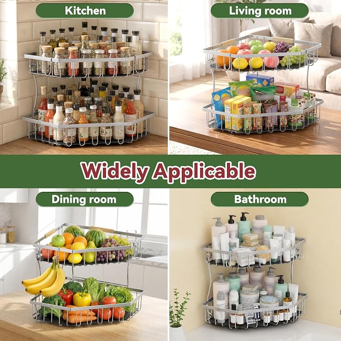 2 Tier Fruit Basket for Kitchen Counter with 2 Banana Hangers for Corner | Detachable Metal Fruit Bowl with Wooden Handle, Large Capacity Fruit Stand for Bread Fruit and Vegetable Storage, Silver
