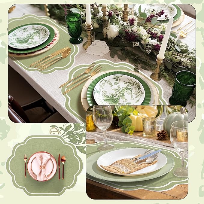 6 Pcs Sage Green Wedding Placemats Scalloped Embroidered Cotton Linen Placemats 17" x 13" Double Layered Machine Washable Table Place Mat for Party Table Decor (Cotton)
