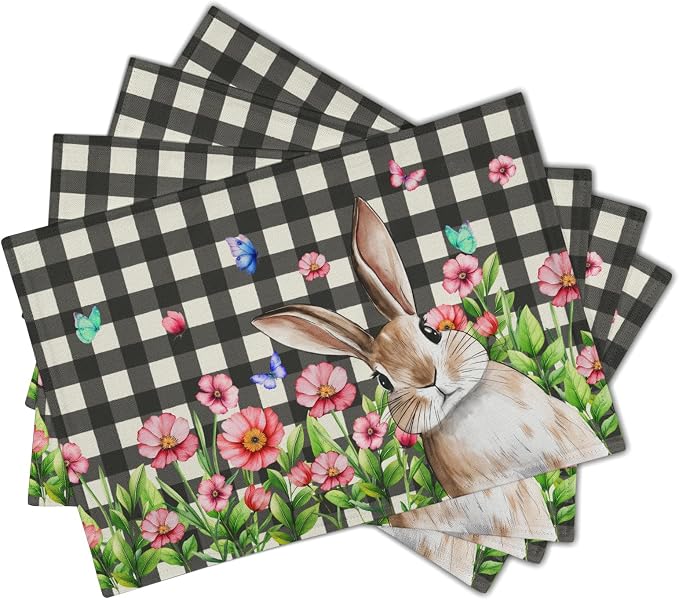 Buffalo Plaid Bunny Placemat Set of 4 12 x 18 Inch Pink Flowers Butterfly Farmhouse Linen Fabric Table Mats Outdoor Spring Seasonal for Party Kitchen Dining