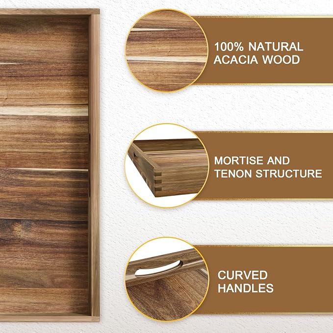 Extra Large Ottoman Tray, 24" Square Acacia Wood Tray with Handles | Farmhouse Wooden Decorative Trays, Oversized Coffee Table Tray, Serving Platter Tray for Living Room, Countertop, Charcuterie