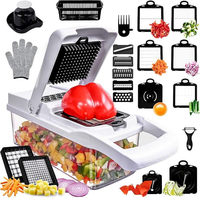 Vegetable Chopper,25 in 1 Multifunctional Food Chopper with Container,Kitchen Vegetable Slicer Dicer Cutter,Veggie Chopper Fruit Salad Potato,13 Blade Stainles Steel Blades（White）