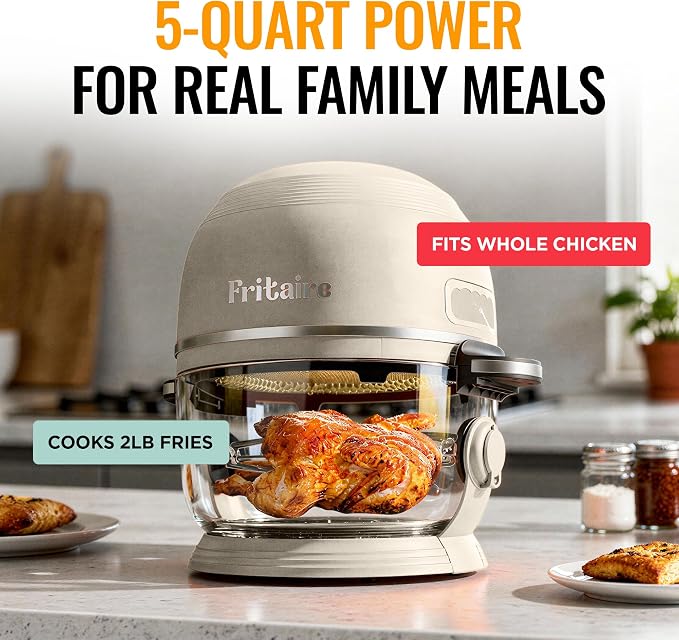 Non Toxic Air Fryer™ Pro | 9-in-1 Glass Air Fryer | Self-Cleaning | 5 Quart | Rotisserie and Tumbler | 400F Vortex For Even Cooking, BPA-Free Teflon Free, Recrisp, Roast, Bake, White