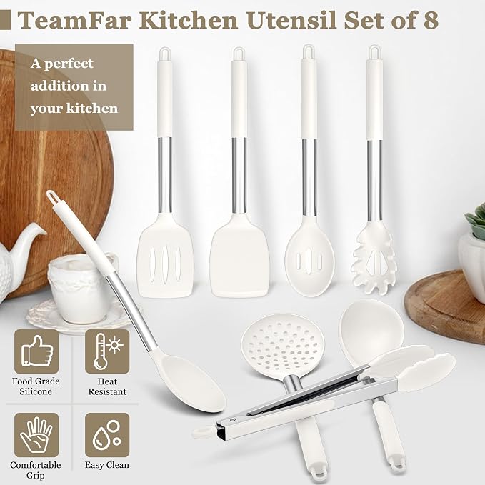 TeamFar Kitchen Utensils Set of 8, Silicone Utensils Kitchen Tools-White | Stainless Steel Handle, for Nonstick Cookware Cooking Stirring Turning, Food Grade & Heat Resistant, Dishwasher Safe - White