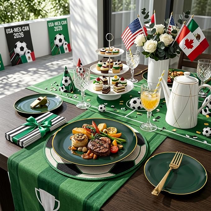 KIRE 350PCS Green and Gold Plates - Plastic Dinnerware Set for Christmas | 50Guests Include 100PC Green Plastic Disposable - 50PCSPre Rolled Napkins with Silverware &50PCS Cups for Wedding/Holiday