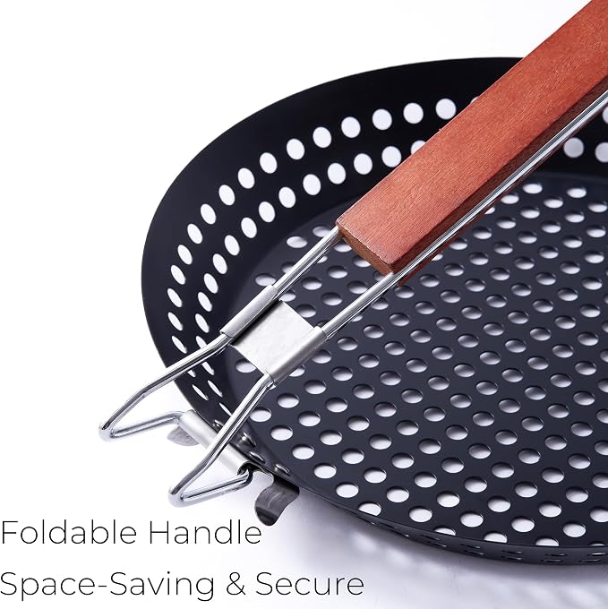 12 in Kozmatik Turkish Grill Pan, Nonstick Carbon Steel Basket | Handled Vegetable Charring Pan, For Stovetop And Grill Cooking, Black Round Basket Design
