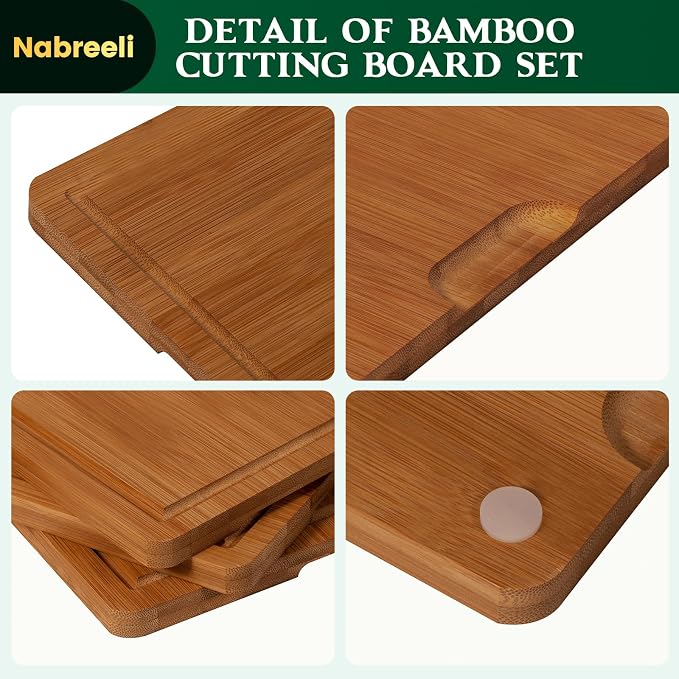 Bamboo Cutting Board Durable Wood Cutting Boards for Kitchen with Deep Juice Grooves Built-in Handles Ideal Charcuterie Chopping for Meat, Vegetables and Fruits Ideal Kitchen Gifts(M+L)