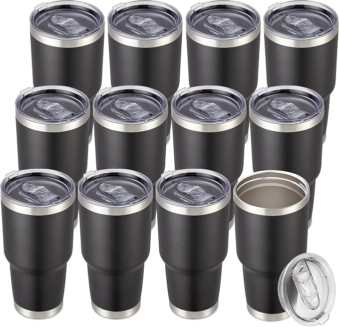 30 oz Tumbler with Lid Stainless Steel Tumblers Bulk, 12 Pack | Vacuum Insulated Cup, Leak Proof Lid, Powder Coated Travel Mug, Double Wall, Keep Cold Drinks for 12 Hours, Black