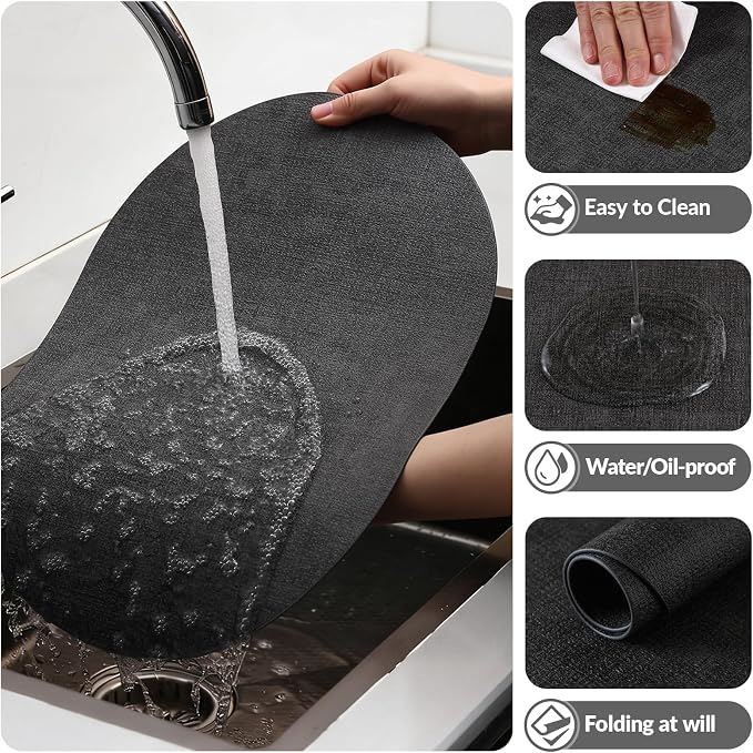 Placemats Set of 4, 11.8 x 17 Inch, Dark Grey | Heat Resistant Oval Faux Leather Place Mats, Waterproof Wipeable Reversible PU Placemat, Indoor & Outdoor
