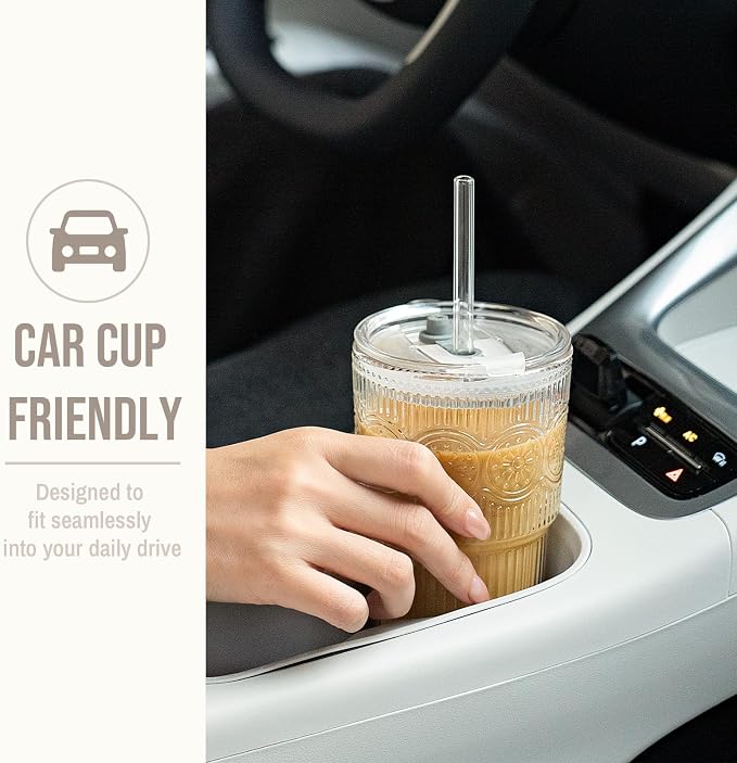 SoulTimes 20oz Ribbed & Floral Glass Tumbler with Lid and Straw – Iced Coffee Glasses Cups for Smoothie, Matcha, Juice, Water etc. Leakproof and Reusable Glassware Drinking for Travel To Go [2Pcs]