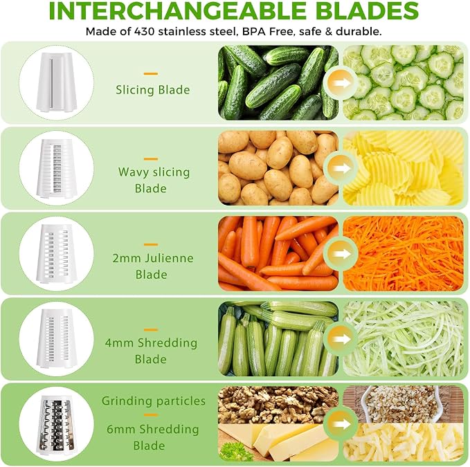 The CoveCarol rotary cheese grater comes with 5 blades and 3 tools: a round mandolin slicer and a food shredder. Suitable for fruits, vegetables, nuts, etc., it includes a blade storage box. (White)