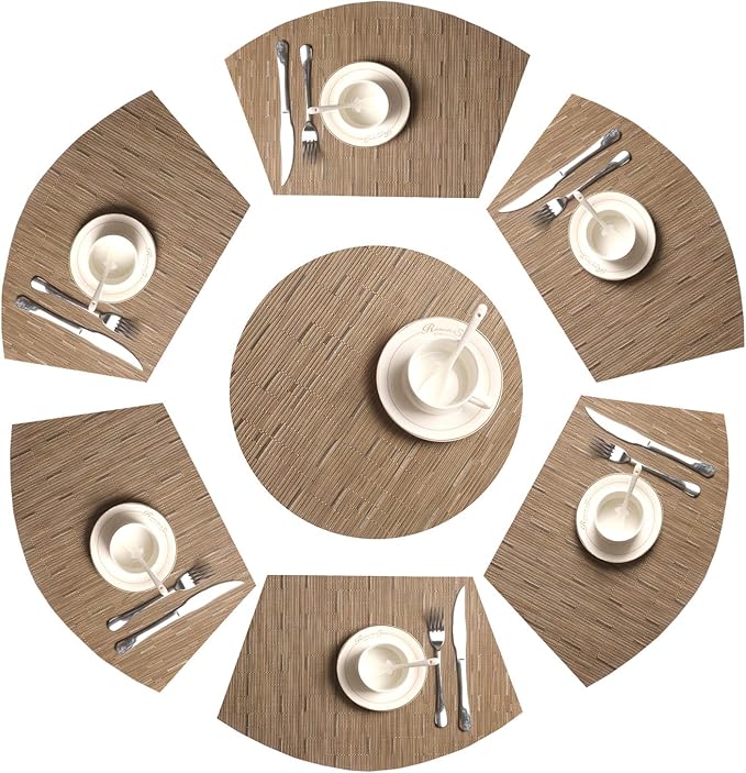 SHACOS Round Table Placemats Set of 7 Woven Vinyl Wedge Placemats with Centerpiece Round Table Mat Heat Resistant Wipe Clean (7, Tan)