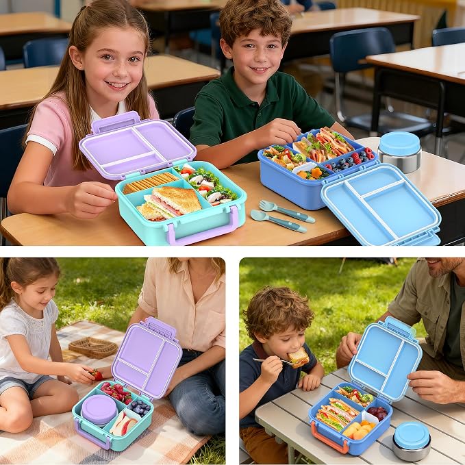 Kids Bento Lunch Box with Soup Thermo (9oz)– Hot & Cold Lunch Container with Leak Proof Insulated Food Jar for School Girls Boys, Ideal Size for Ages 3 to 7, Purple/Blue
