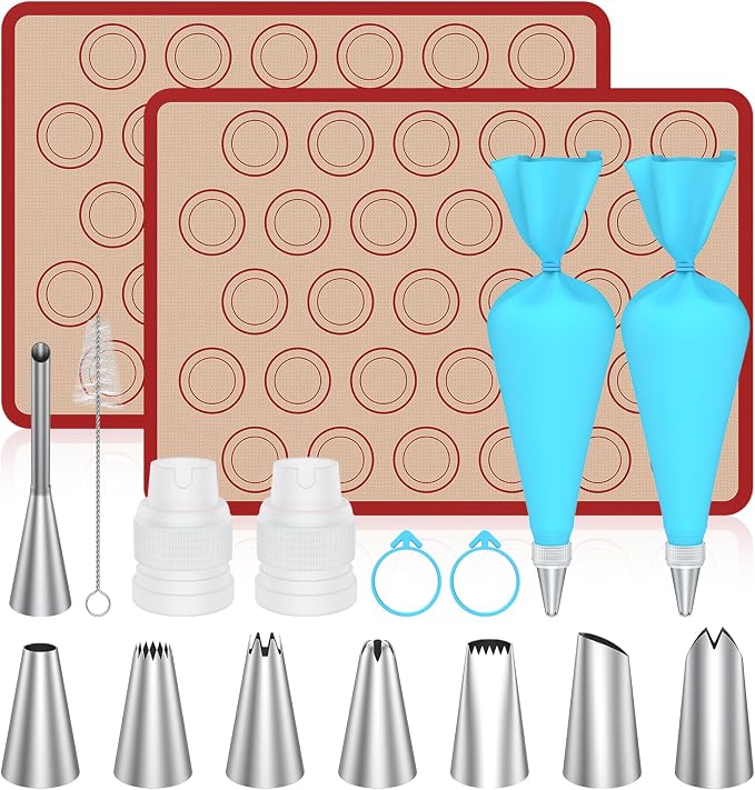 Macaron Silicone Baking Mats, 2 Nonstick Macaroon Mat Silicone, 7 Piping Tips, 2 Piping Bags, 2 Bag Ties, 2 Couplers, 1 Puff Tip, 1 Brushes, 17 Pcs Macaron Baking Kits for Macarons Cookies
