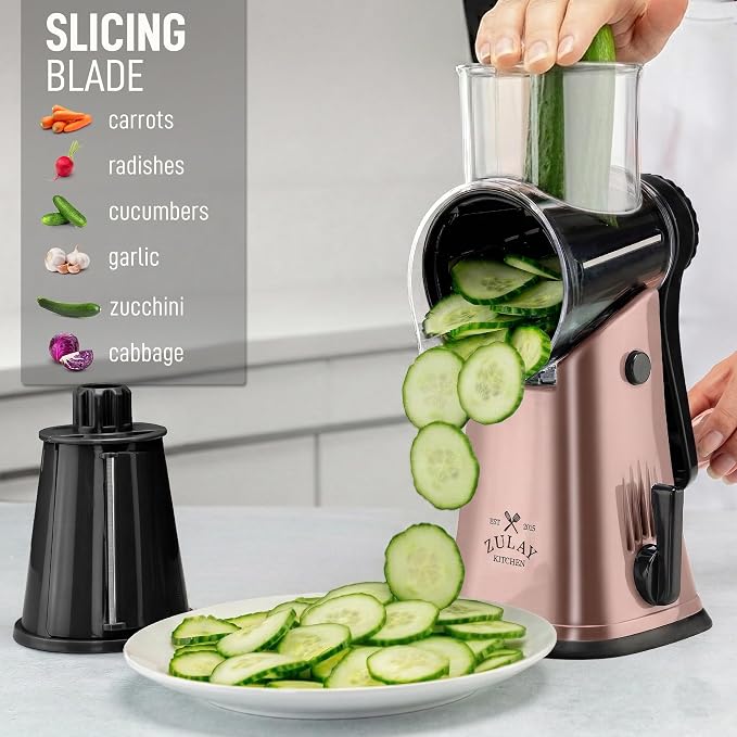 Zulay Kitchen Rotary Cheese Grater 5 Blade Cheese Shredder - Manual Hand Crank Cheese Grater With Reinforced Suction & 5 Interchangeable Drums - Easy to Use, Vegetable Chopper Round Mandoline Slicer