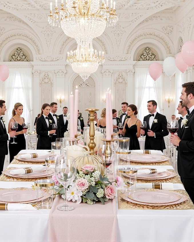 Nervure 700Pcs Pink Plastic Plates, Plastic Dinnerware Set for 100 Guests | 100 7.5" Dessert & 100 10.25" Dinner Plastic Plate, 300 Silverware, 100 10oz Cups, 100 Napkin for Wedding & Party, BPA-free