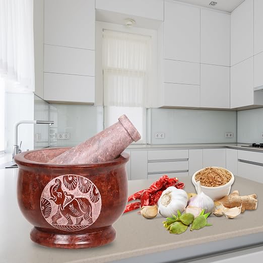 Mortar and Pestle, Made of Heavy Duty Polished Hard Stone, Natural Stone Grinder for Spices, Pastes, Herbs, Seasoning etc. (Brown Elephant)