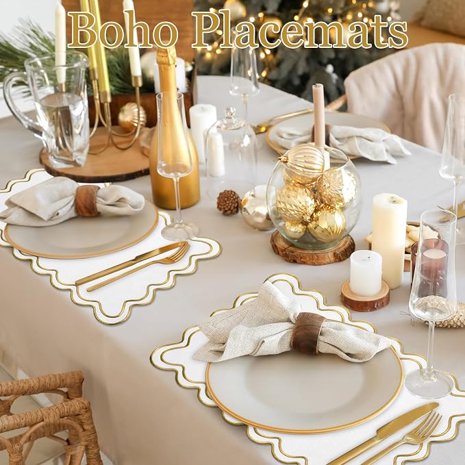 HunnmingRe White with Gold Set of 6 Cotton Linen Wedding Placemats, 13x19 Inch Scalloped Wavy Embroidery Placemat Double Layered Washable Rustic Rectangle Dinner Table Mat for Home Decor