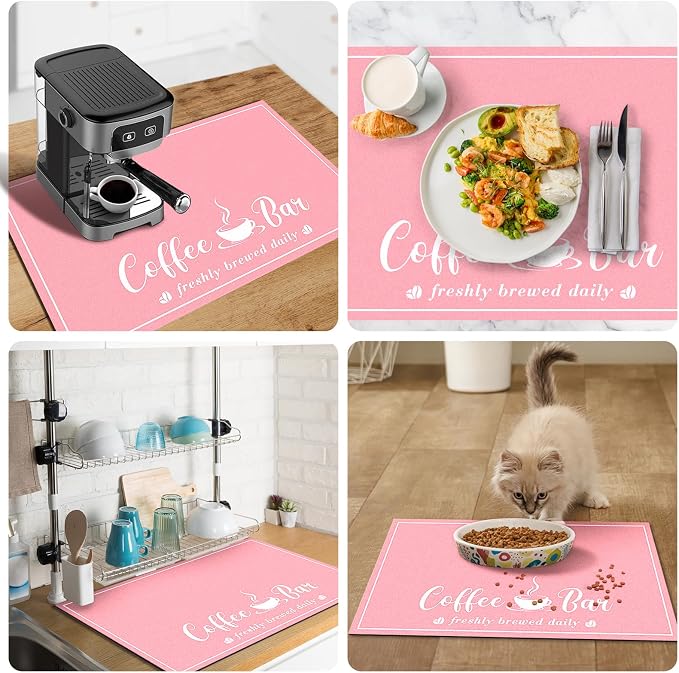 CooRug Fashion Coffee Mat, Dish Drying Mat 17" x 32" Pink | Hide Stain, Absorbent, Coffee Bar Accessories, Heat Resistant, Non-slip, Eco-friendly, Easy to Clean