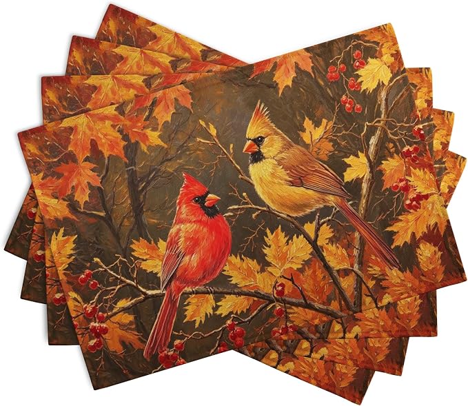 Maple Leaf Birds Fall Placemats Set of 4 Rustic Autumn Colored Maple Forest Tree Place Mat Seasonal Thanksgiving Harvest Table Mats for Party Kitchen Dining Outdoor Indoor Decor
