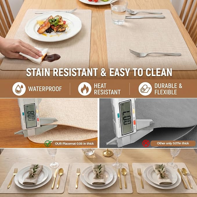 Faux Leather Placemats Set of 6, Wipeable Waterproof Stain Resistant Table Mats, Heat Resistant Thick Placemats with Hand-Painted Edges for Kitchen Dining, Imitative Linen Texture, Various Shapes